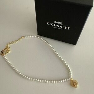 Coach Pearl Necklace Gold Tone Heart C Logo Pendant CB655 New in Box
